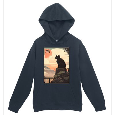 Vintage Japanese Scenery Kanji Writing Journey Black Cat Gift Urban Pullover Hoodie