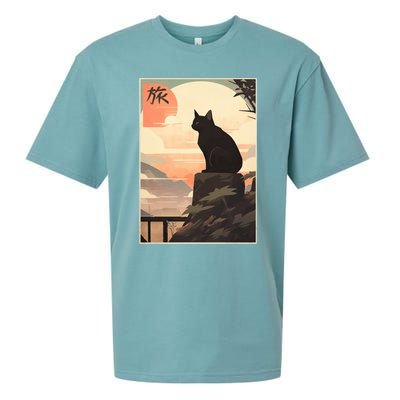 Vintage Japanese Scenery Kanji Writing Journey Black Cat Gift Sueded Cloud Jersey T-Shirt