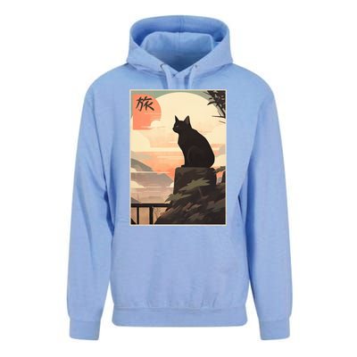 Vintage Japanese Scenery Kanji Writing Journey Black Cat Gift Unisex Surf Hoodie