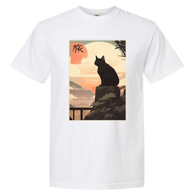 Vintage Japanese Scenery Kanji Writing Journey Black Cat Gift Garment-Dyed Heavyweight T-Shirt