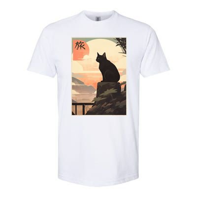 Vintage Japanese Scenery Kanji Writing Journey Black Cat Gift Softstyle CVC T-Shirt