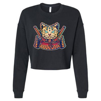 Vintage Japanese Samurai Warrior Cat Cropped Pullover Crew