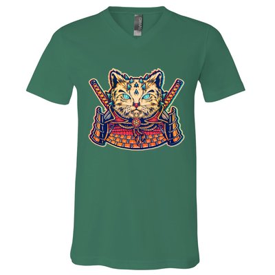 Vintage Japanese Samurai Warrior Cat V-Neck T-Shirt