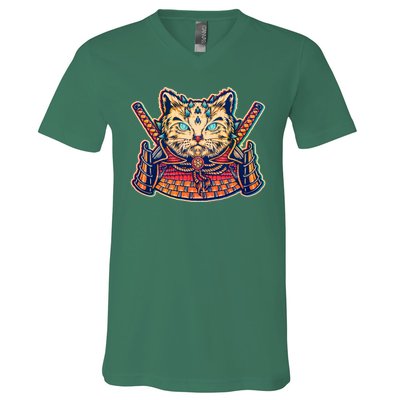 Vintage Japanese Samurai Warrior Cat V-Neck T-Shirt