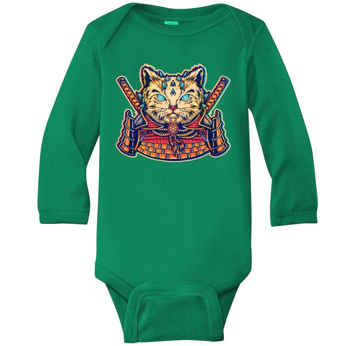 Vintage Japanese Samurai Warrior Cat Baby Long Sleeve Bodysuit