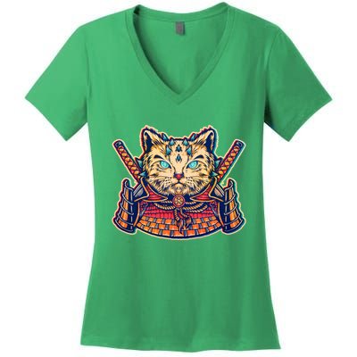 Vintage Japanese Samurai Warrior Cat Women's V-Neck T-Shirt