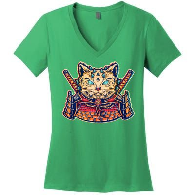 Vintage Japanese Samurai Warrior Cat Women's V-Neck T-Shirt