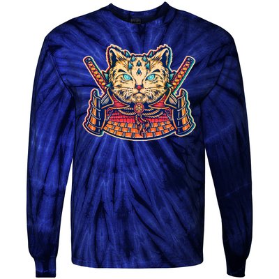 Vintage Japanese Samurai Warrior Cat Tie-Dye Long Sleeve Shirt