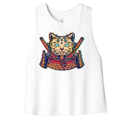 Vintage Japanese Samurai Warrior Cat Women's Racerback Cropped Tank