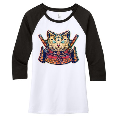 Vintage Japanese Samurai Warrior Cat Women's Tri-Blend 3/4-Sleeve Raglan Shirt