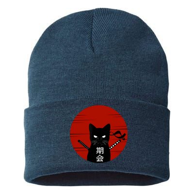 Vintage Japanese Sunset Style Cat Kitten Lover Sustainable Knit Beanie