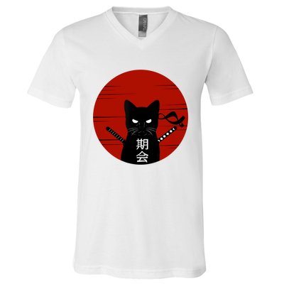 Vintage Japanese Sunset Style Cat Kitten Lover V-Neck T-Shirt