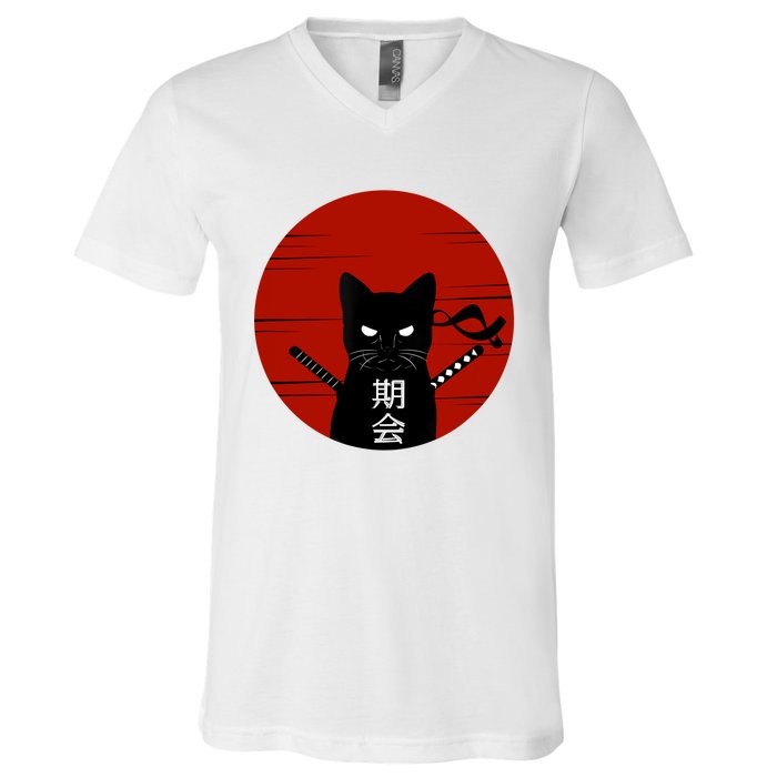 Vintage Japanese Sunset Style Cat Kitten Lover V-Neck T-Shirt