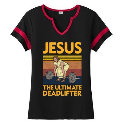 Vintage Jesus The Ultimate Deadlifter Funny Christian Gym Funny Gift Ladies Halftime Notch Neck Tee