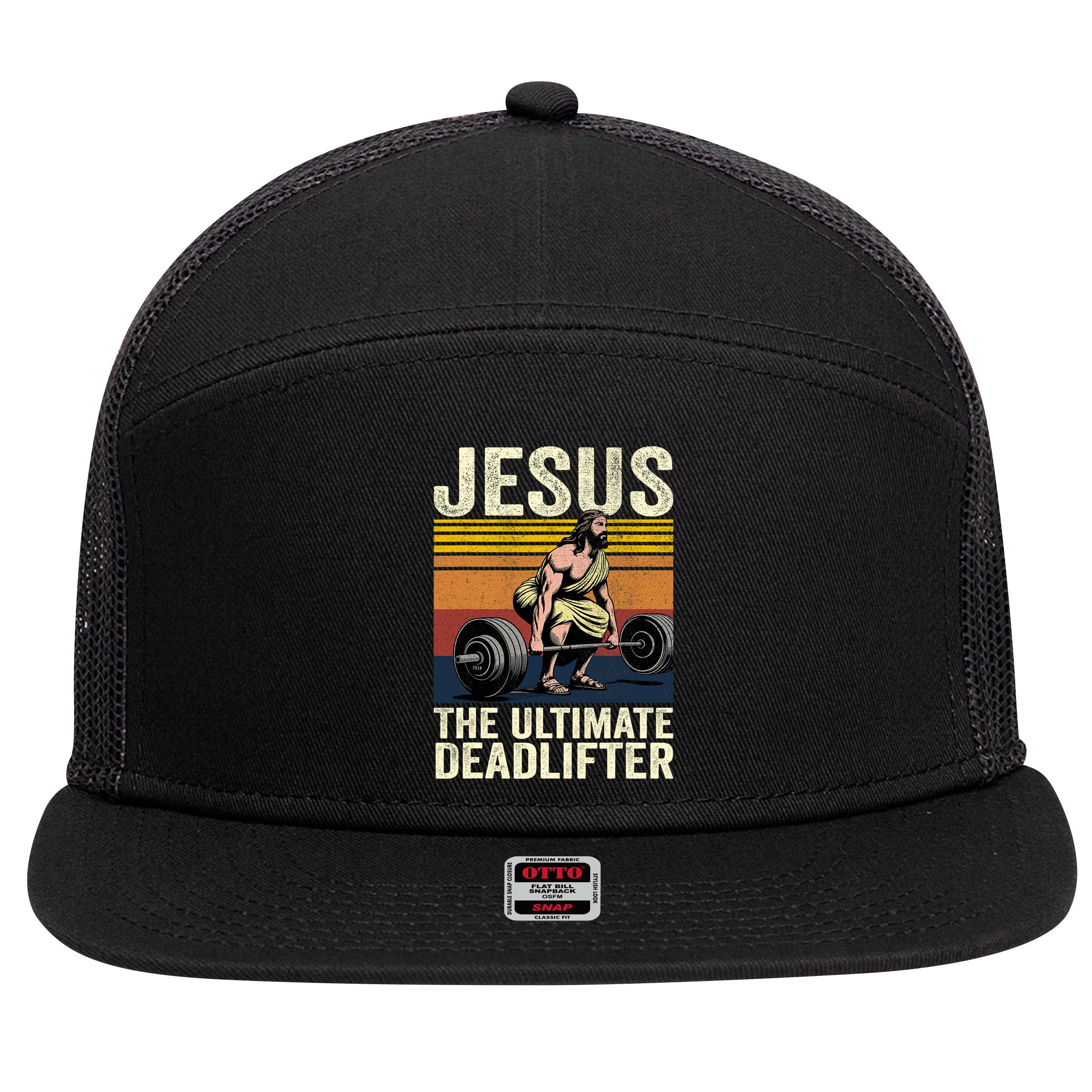 Vintage Jesus The Ultimate Deadlifter 7 Panel Mesh Trucker Snapback Hat