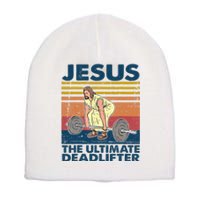 Vintage Jesus The Ultimate Deadlifter Funny Christian Gym Short Acrylic Beanie