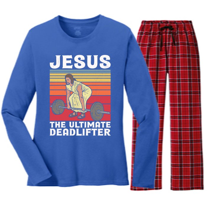 Vintage Jesus The Ultimate Deadlifter Funny Gym Bodybuliding Funny Gift Women's Long Sleeve Flannel Pajama Set 