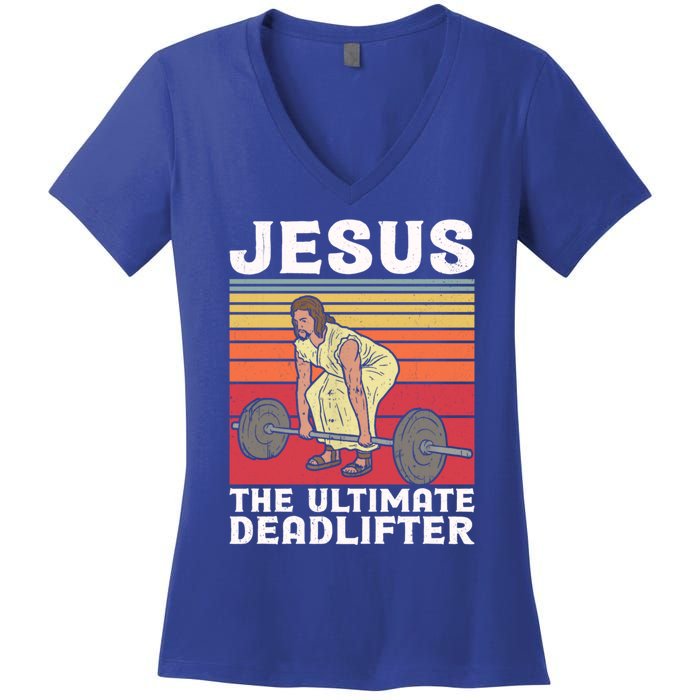 Vintage Jesus The Ultimate Deadlifter Funny Gym Bodybuliding Funny Gift Women's V-Neck T-Shirt