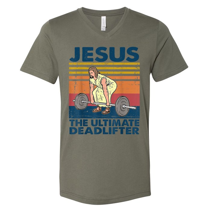 Vintage Jesus The Ultimate Deadlifter Funny Christian Gym V-Neck T-Shirt