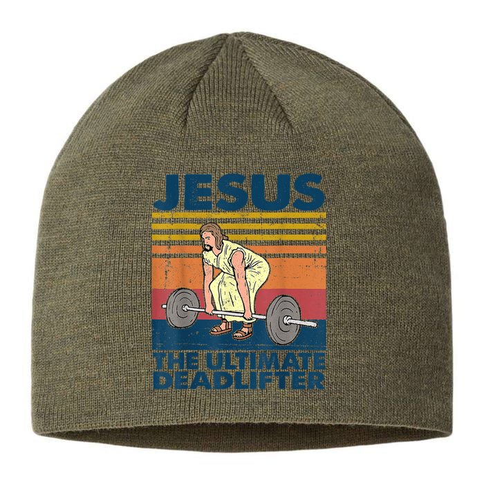 Vintage Jesus The Ultimate Deadlifter Funny Christian Gym Sustainable Beanie