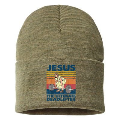 Vintage Jesus The Ultimate Deadlifter Funny Christian Gym Sustainable Knit Beanie
