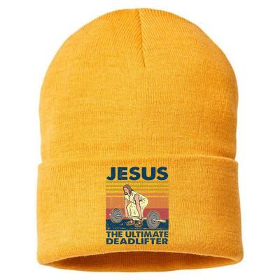 Vintage Jesus The Ultimate Deadlifter Funny Christian Gym Sustainable Knit Beanie