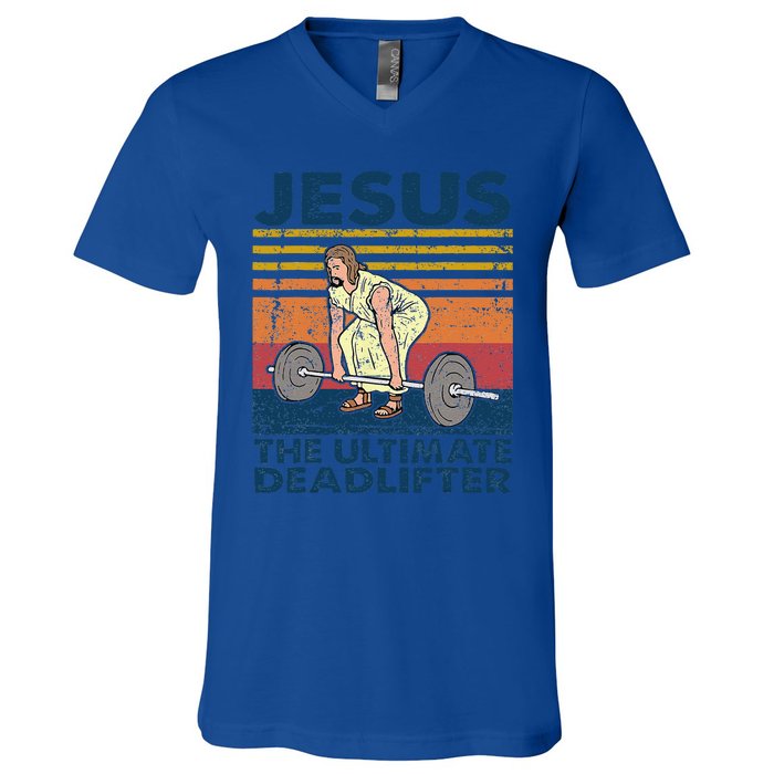 Vintage Jesus The Ultimate Deadlifter Funny Christian Gym V-Neck T-Shirt