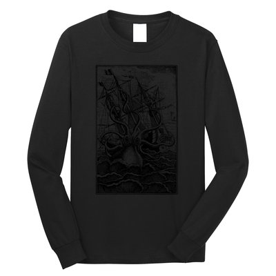 Vintage Kraken Attacking Ship Illustration Long Sleeve Shirt