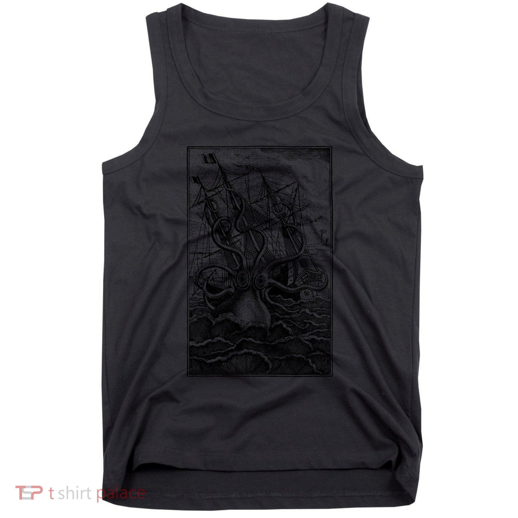 Vintage Kraken Attacking Ship Illustration Tank Top