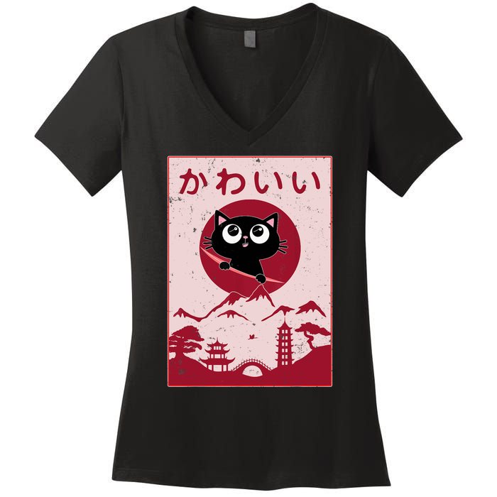 Vintage Kawaii Cat Anime Japanese Gift Girls Boys Teenager Women's V-Neck T-Shirt