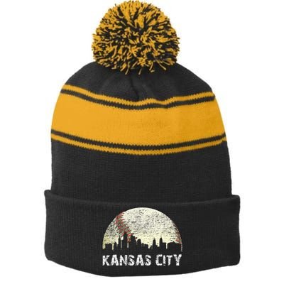 Vintage Kansas City Cityscape Baseball Lover Women Stripe Pom Pom Beanie