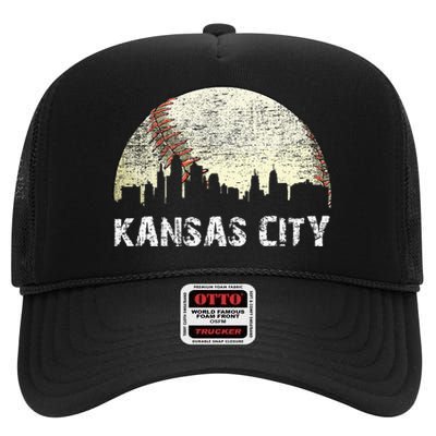 Vintage Kansas City Cityscape Baseball Lover Women High Crown Mesh Back Trucker Hat