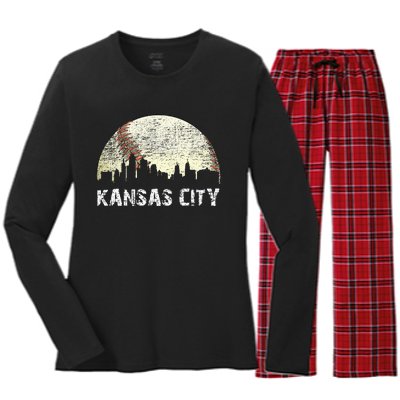 Vintage Kansas City Cityscape Baseball Lover Women Women's Long Sleeve Flannel Pajama Set 