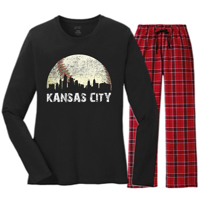 Vintage Kansas City Cityscape Baseball Lover Women Women's Long Sleeve Flannel Pajama Set 