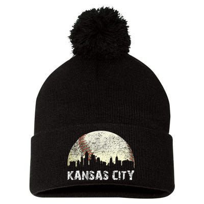 Vintage Kansas City Cityscape Baseball Lover Women Pom Pom 12in Knit Beanie