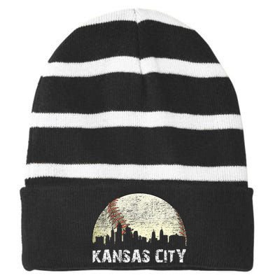 Vintage Kansas City Cityscape Baseball Lover Women Striped Beanie with Solid Band