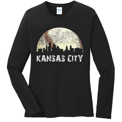 Vintage Kansas City Cityscape Baseball Lover Women Ladies Long Sleeve Shirt