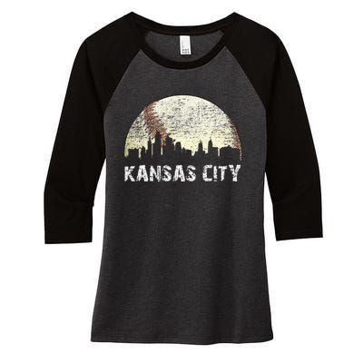 Vintage Kansas City Cityscape Baseball Lover Women Women's Tri-Blend 3/4-Sleeve Raglan Shirt