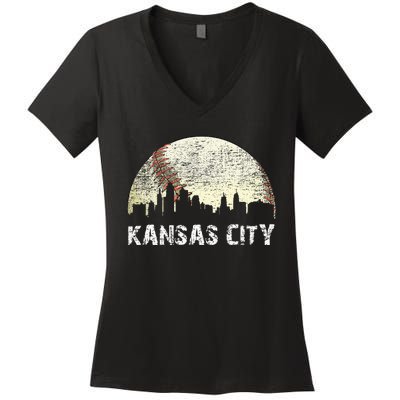 Vintage Kansas City Cityscape Baseball Lover Women Women's V-Neck T-Shirt