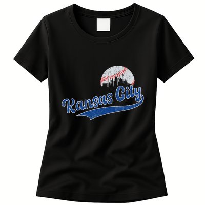 Vintage Kansas City Skyline Retro Baseball Womens T-Shirt
