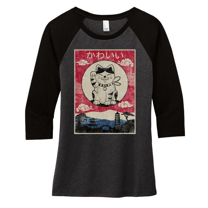 Vintage Kawaii Cat Anime Japanese Gift Teenager Women's Tri-Blend 3/4-Sleeve Raglan Shirt