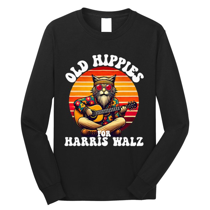 Vintage Kamala Cat Hippie Old Hippies For Harris Waltz 2024 Long Sleeve Shirt