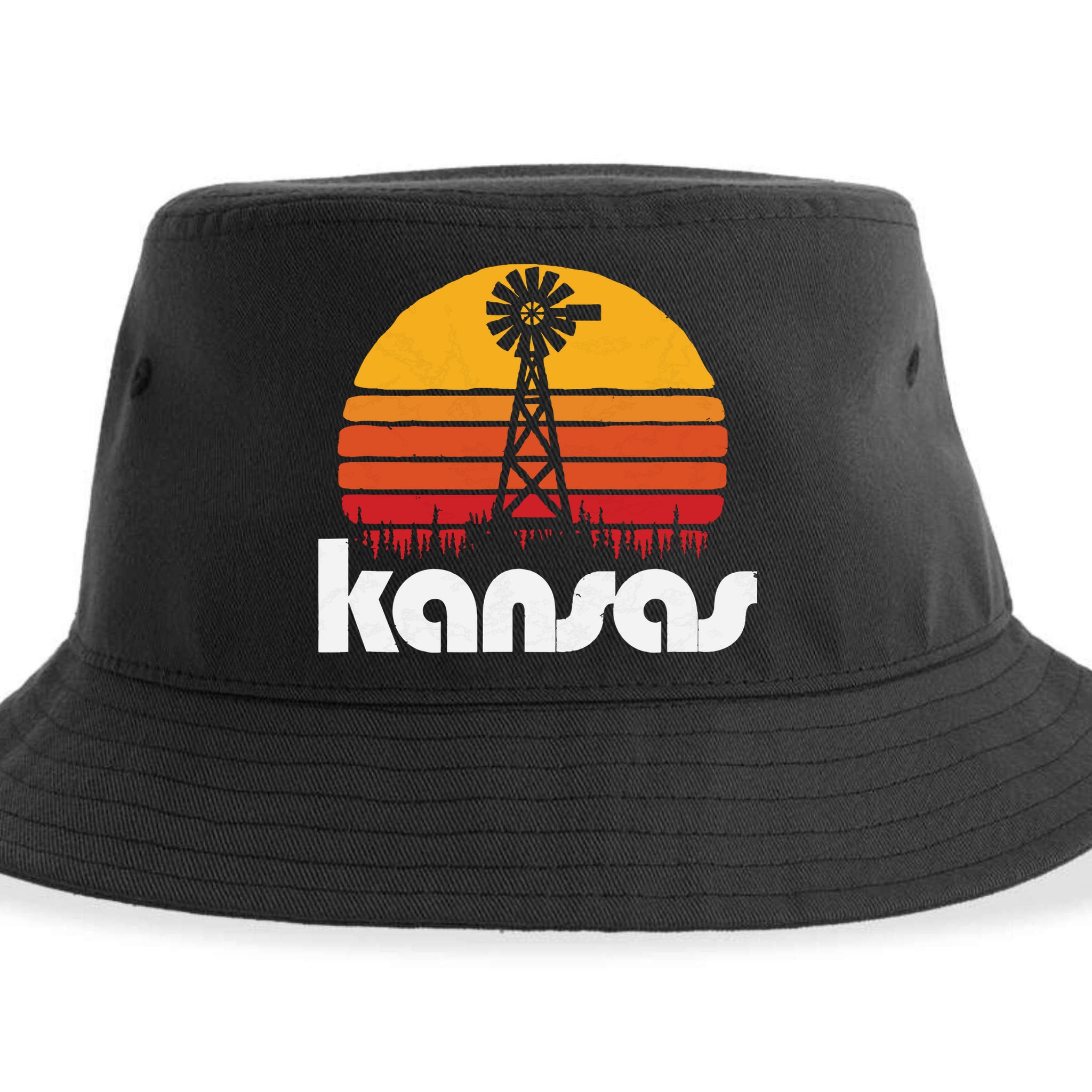 Vintage Kansas Distressed 80s Sun Windmill Graphic Sustainable Bucket Hat