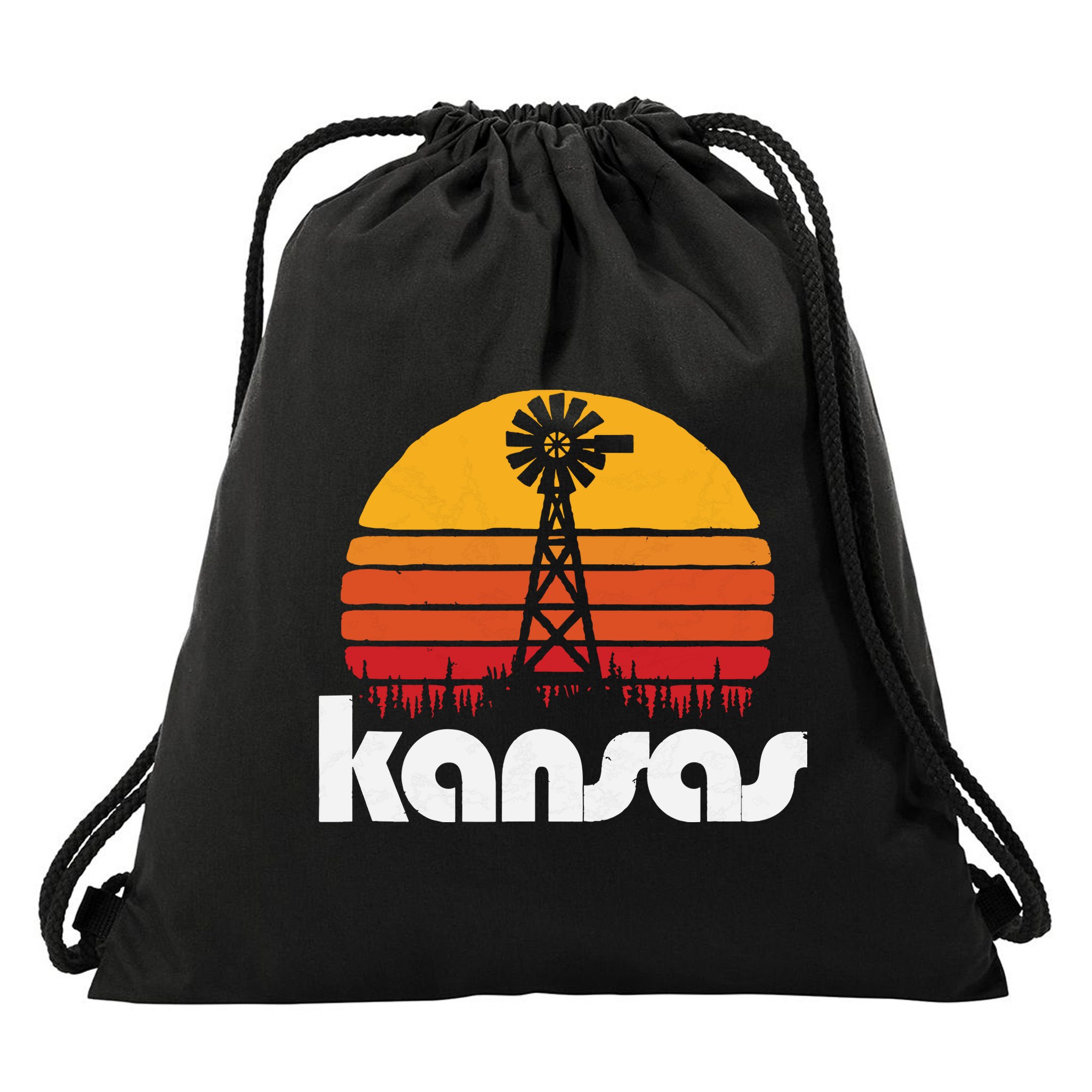 Vintage Kansas Distressed 80s Sun Windmill Graphic Drawstring Bag