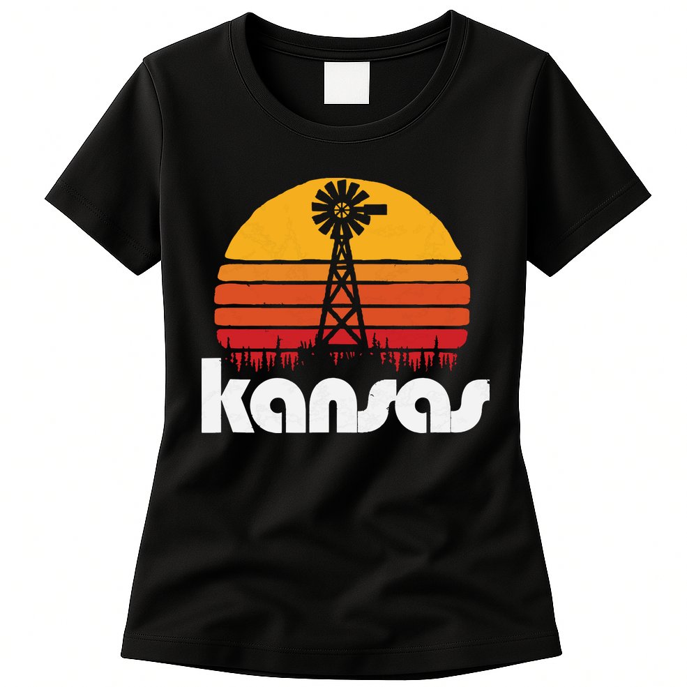 Vintage Kansas Distressed 80s Sun Windmill Graphic Womens T-Shirt