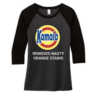 Vote Kamala Harris 2024 Removes Nasty Orange Stains Funny Women's Tri-Blend 3/4-Sleeve Raglan Shirt