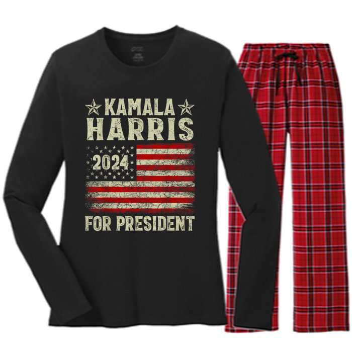 Vintage Kamala Harris 2024 For President Election Campaign Women's Long Sleeve Flannel Pajama Set 