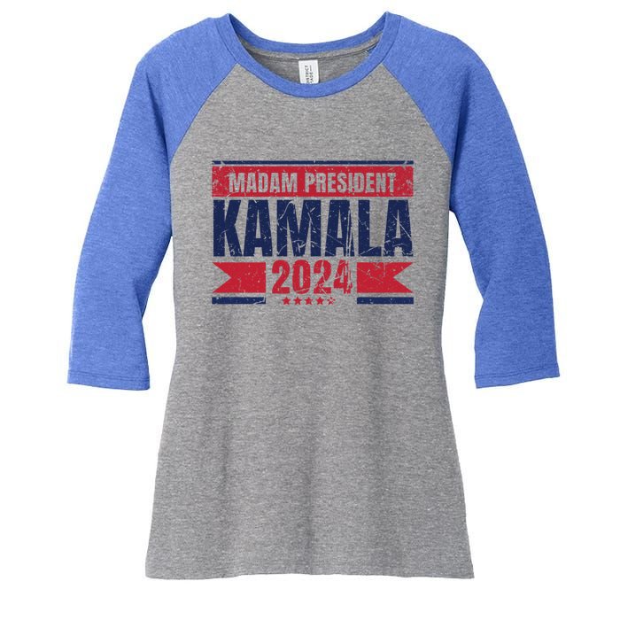 Vintage Kamala Harris Madam President 2024 Cute Gift Women's Tri-Blend 3/4-Sleeve Raglan Shirt