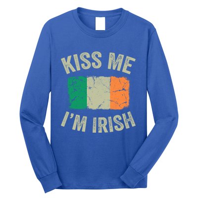 Vintage Kiss Me I'm Irish Roots Ireland Flag Funny Gift Long Sleeve Shirt