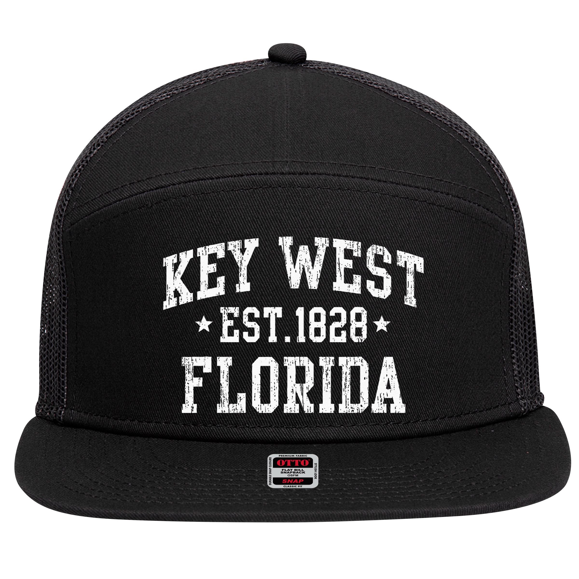 Vintage Key West Florida Keys Retro Distressed Varsity 7 Panel Mesh Trucker Snapback Hat
